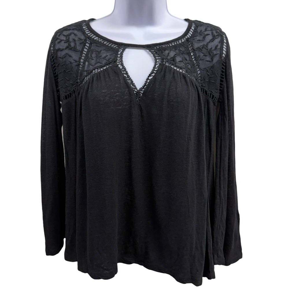 Lucky Brand Women's Small Linen Blend Key-hole Lace Trapeze Peasant Top Blouse